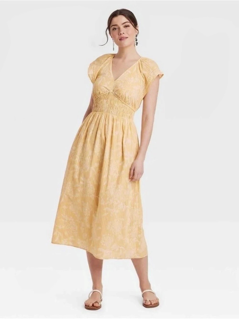 Universal Thread Yellow Floral V-Neck Smocked Midi Dress Small